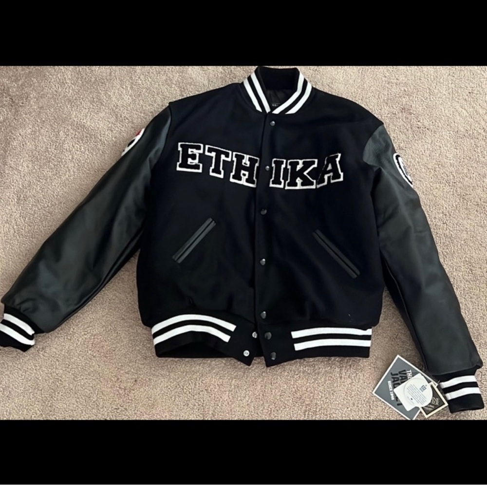 ethika Black and Gray Leather-Sleeve Varsity Jacket